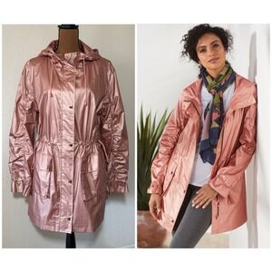 Soft Surroundings Rose Gold Pink Metallic Anorak Jacket - Sz L - Camo Lining-EUC